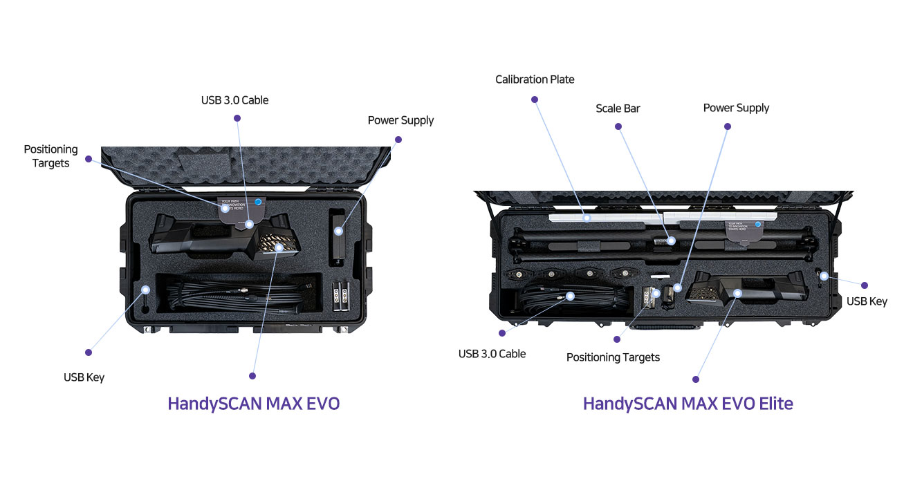 대형물 최적화 3D스캐너 CREAFORM HandySCAN MAX EVO의 구성품 및 악세서리 이미지
